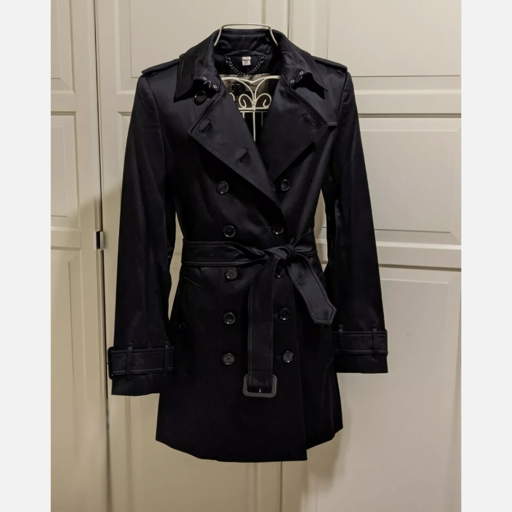 Burberry Westland Black Sateen Trench Coat Size 14